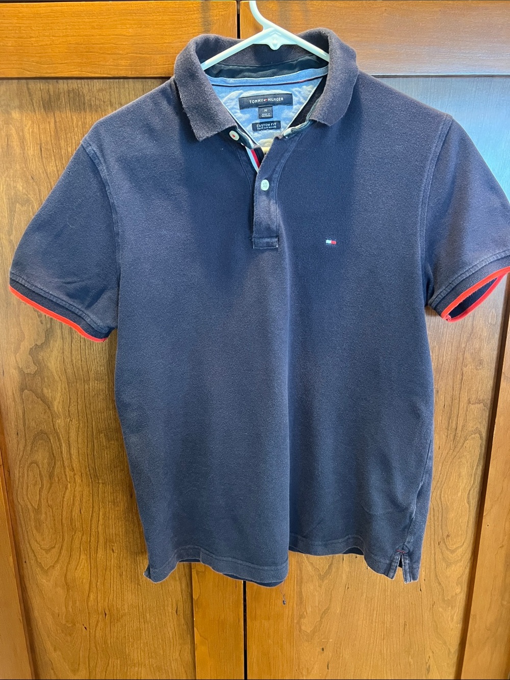 Tommy Hilfiger Navy Polo with Red Sleeve Trim Medium
